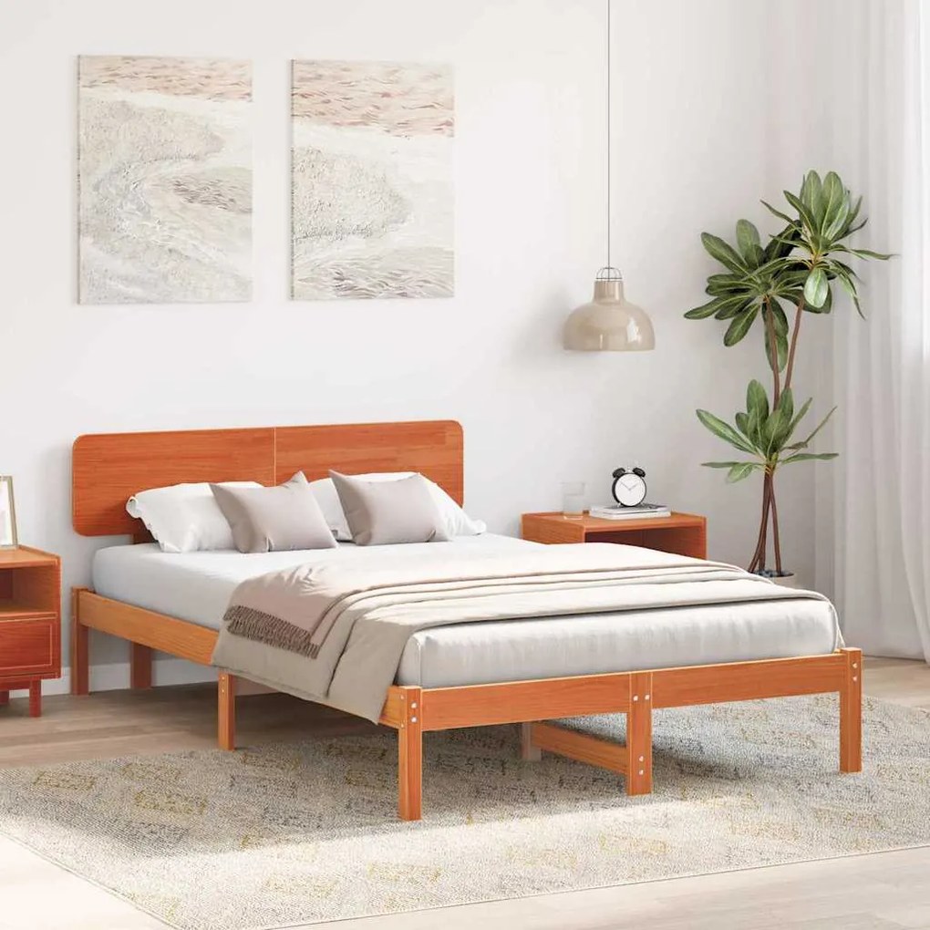 Cama com Cabeceira Marrom Encerada 120 x 190 cm em Madeira de Pinho Só