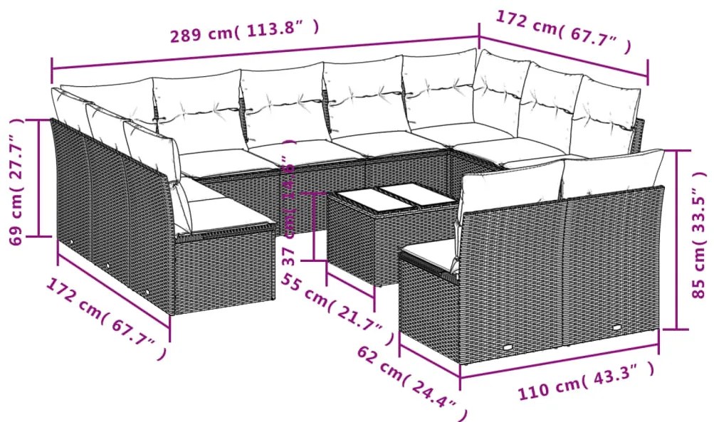 12 pcs conjunto de sofás jardim c/ almofadões vime PE cinzento