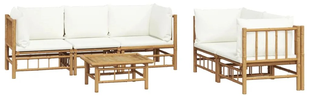 6 pcs conjunto lounge de jardim bambu c/ almofadões branco nata