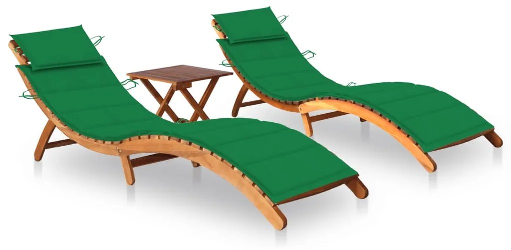 vidaXL Espreguiçadeiras com mesa e almofadões 2 pcs acácia maciça