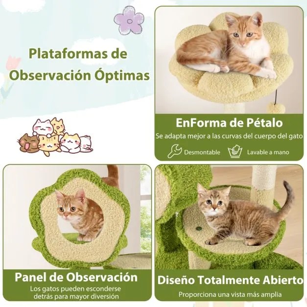 Arranhador para gatos, bosque com tronco, plataforma floral acolchoada, arranhador de sisal e brinquedos verde e castanho