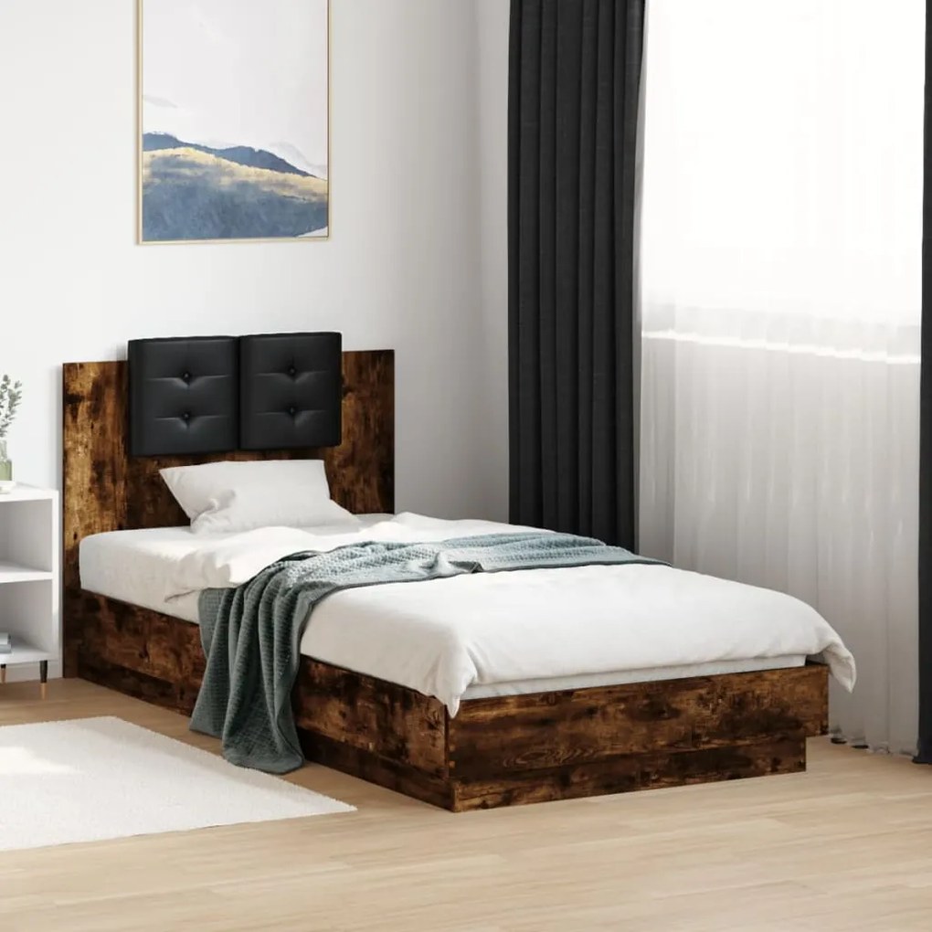 Estrutura cama c/ cabeceira/luzes LED 90x190 cm carvalho fumado