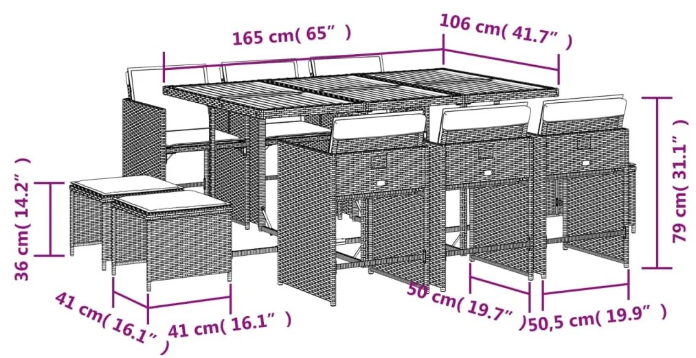 11 pcs conjunto jantar p/ jardim c/ almofadões vime PE cinzento