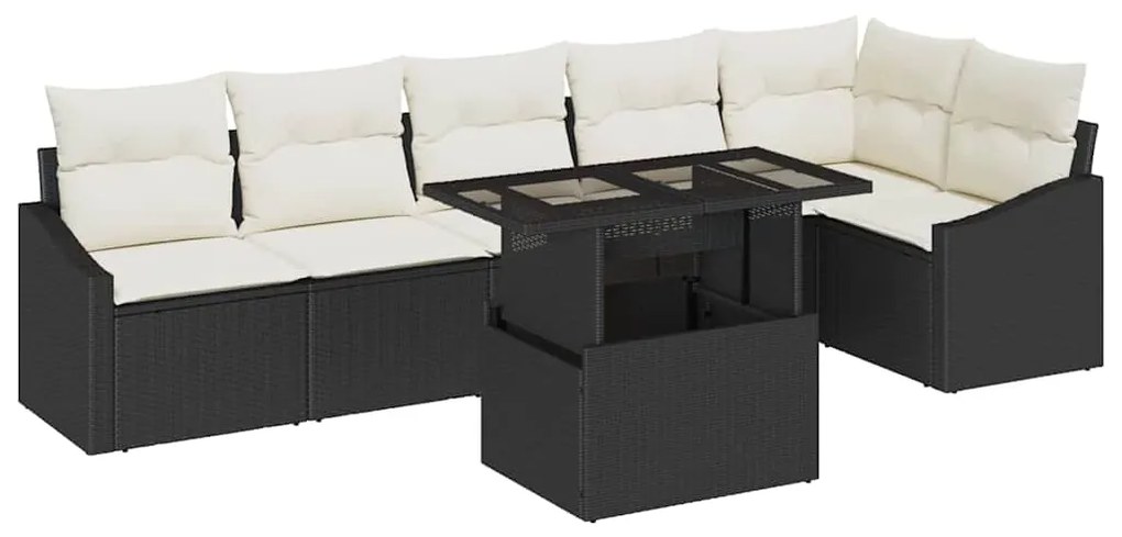 Conjunto de Sofá de Jardim de 7 Peças com Almofadas Preto Rattan