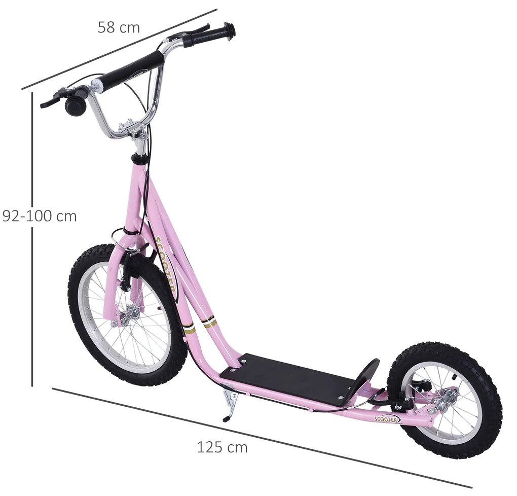 HOMCOM Trotinete para Crianças acima de 5 anos Scooter de 2 Rodas Grandes com Duplo Freio e Guidão Ajustável em Altura Adolecentes Adultos 125x58x92-100cm Rosa