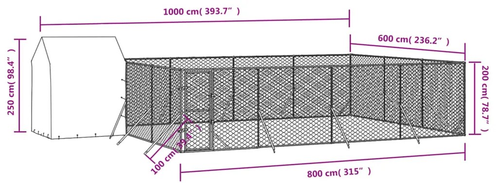 Canil de exterior com teto 10x6x2,5 m aço galvanizado prateado