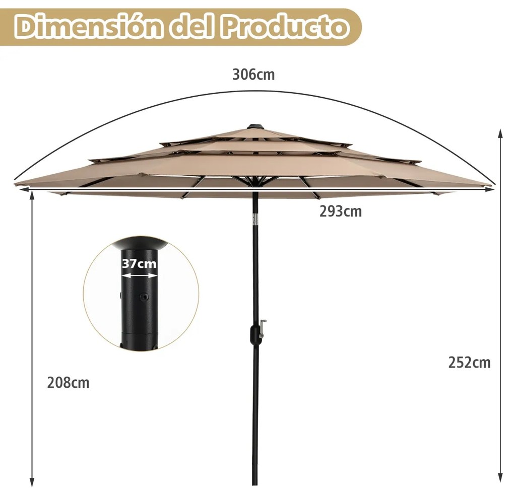 Guarda-sol jardim 3 m de 3 camadas de com ventilação dupla (BASE NÃO INCLUIDA), inclinação, botão de pressão, manivela manual e 8 varas Café