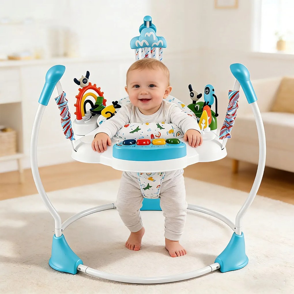 Centro de atividades para bebés com saltador, 6 brinquedos, luzes, música, 3 alturas ajustáveis, mesa giratória 360° para 6+ meses, Azul