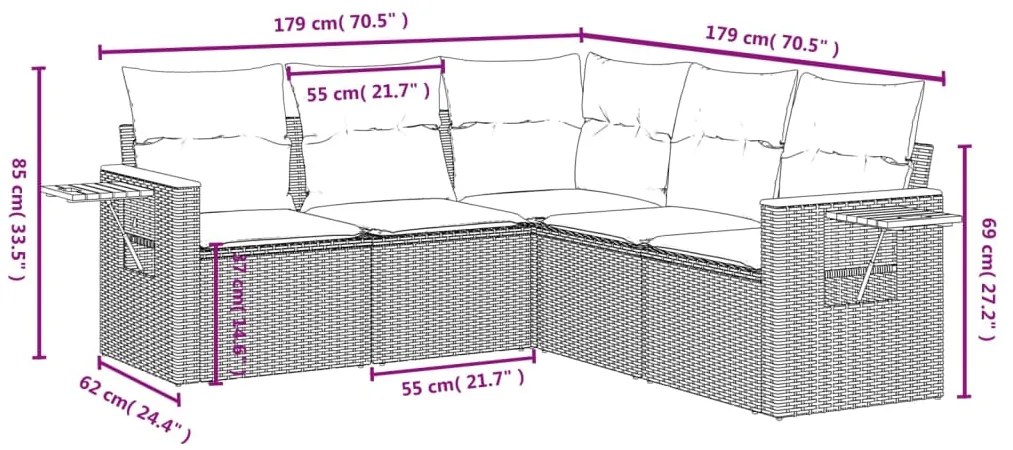 5 pcs conjunto sofás de jardim com almofadões vime PE preto