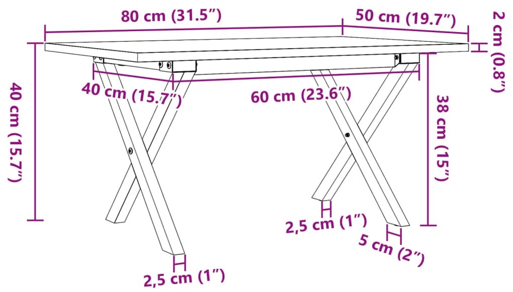 Mesa de centro estrutura em X 80x50x40 cm pinho e aço