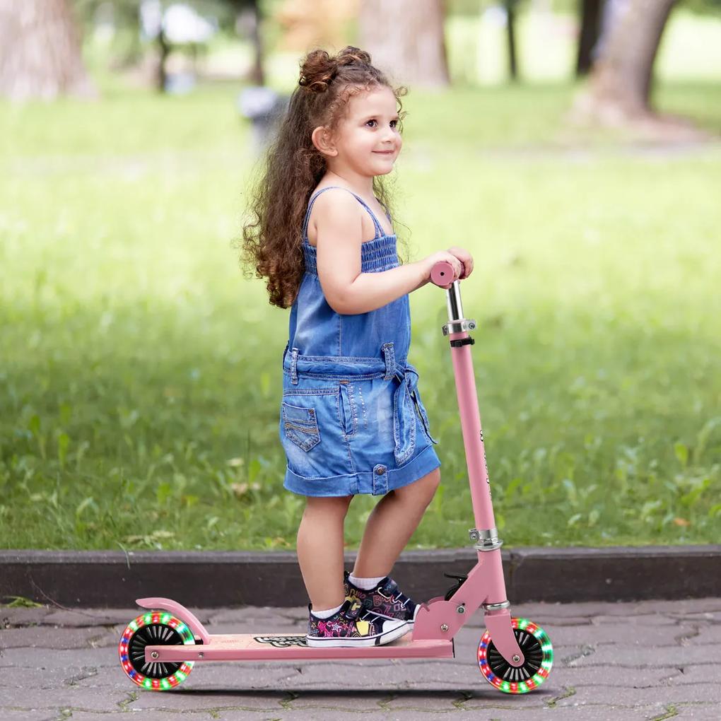 Trotinete infantil dobrável com 2 Rodas Intermitentes Sistema de travão traseiro cor-de-rosa ajustável