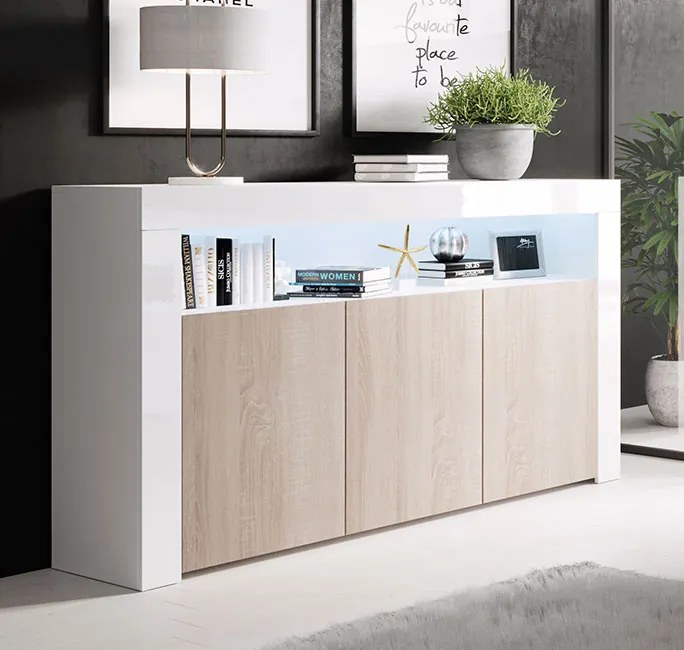 Aparador Alays – 155x37x91,5 cm – Branco Brilhante e Sonoma Mate – 3 P