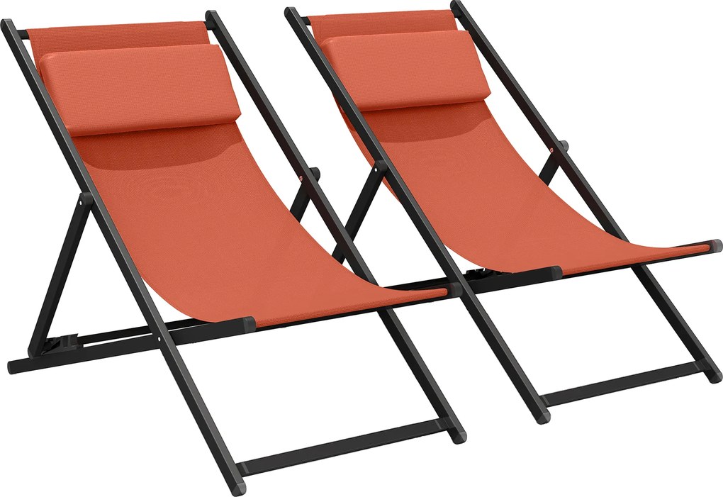 Outsunny Conjunto de 2 Espreguiçadeiras Espreguiçadeira Dobrável com Apoio de Cabeça em Textilene 60x100x85 cm Vermelho Tijolo | Aosom Portugal