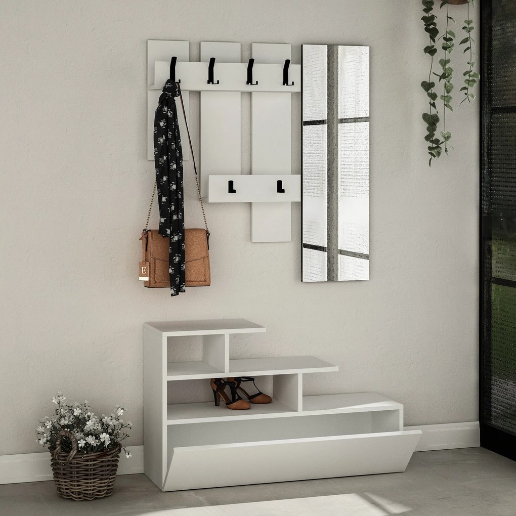 Hall Stand Vesty – Branco – Sapateira: 100x61x30 cm, Espelho: 30x99 cm