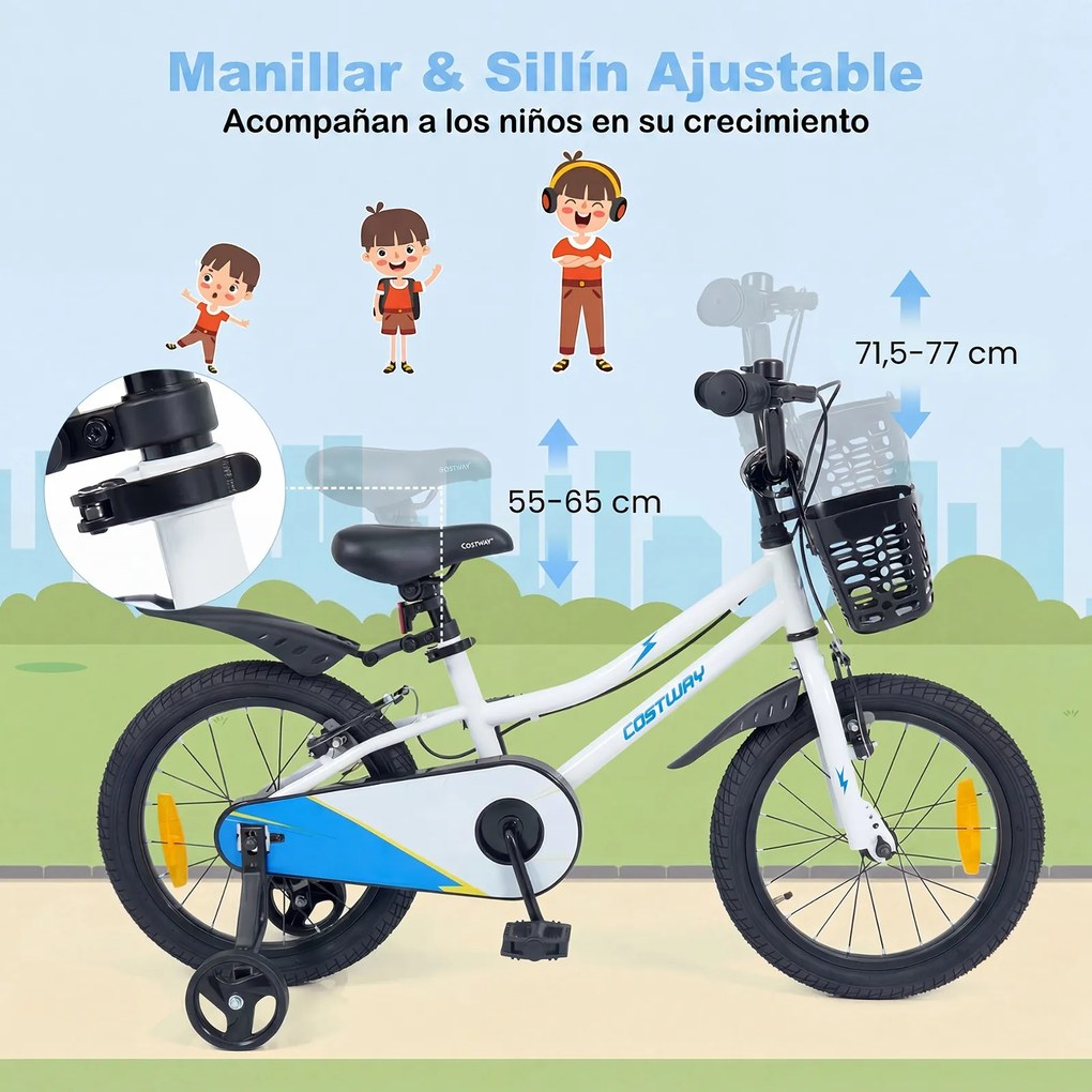 Bicicleta Infantil 4-7 anos, 114,5 x 56 x 71,5-77 cm, Rodas Estabilizadoras Removíveis, Branco