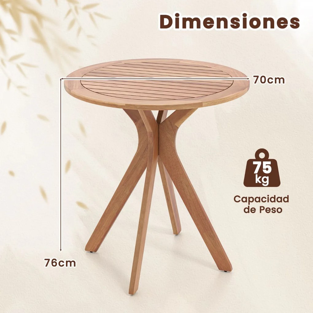Mesa jardim para exterior redonda Madeira de Acácia com tampo ranhurado e base em forma de X  70cm Natural