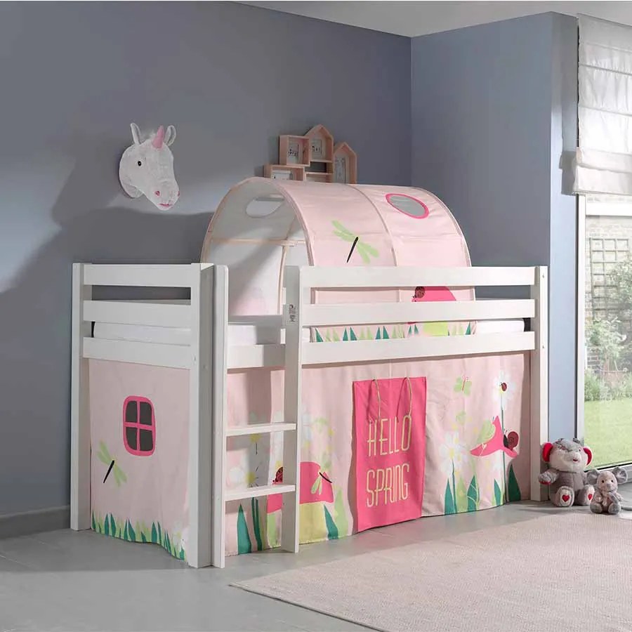 Conjunto Cama alta de Criança PINO 90 x 200 cm + estrado + escada + cortina + túnel Primavera Branca