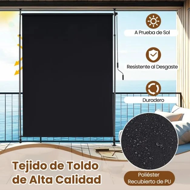 Toldo retrátil vertical 250 x 220-310 cm enrolável para exterior com altura ajustável com manivela para varanda ou piscina Preto