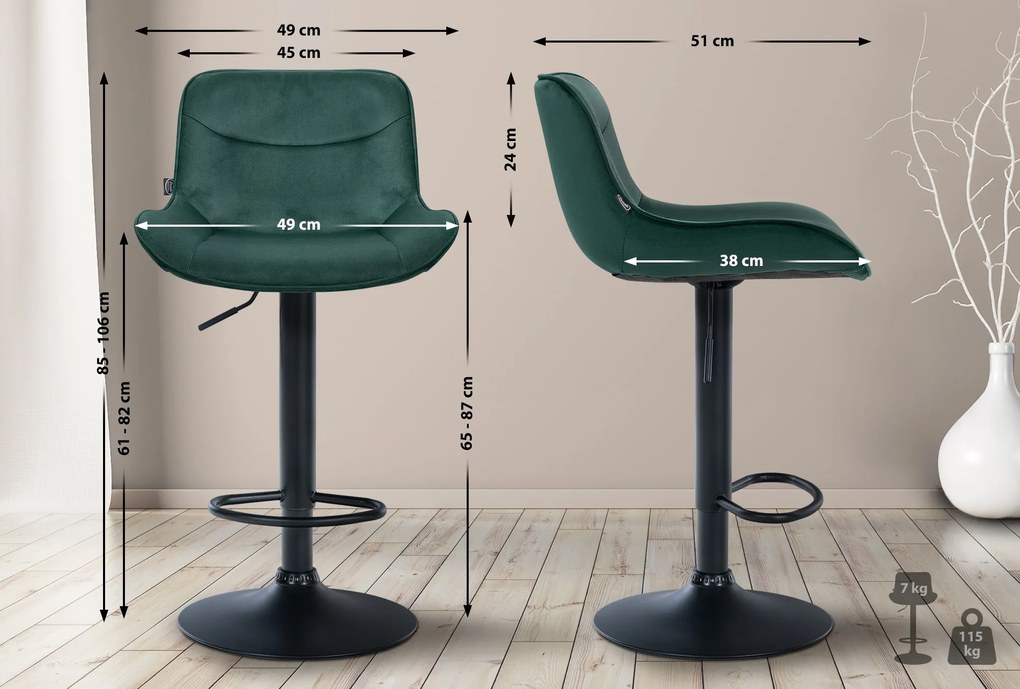 Banco alto em veludo com estrutura preta 85-106 x 49 x 51 cm verde