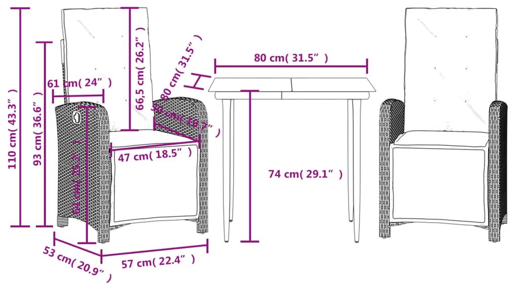 3 pcs conjunto bistrô com almofadões vime PE bege