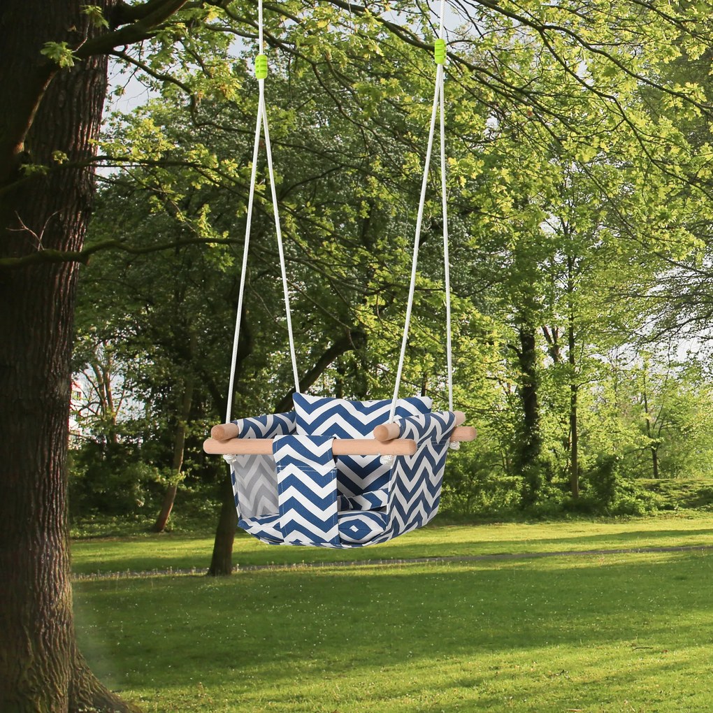 Outsunny Balanço de bebê ajustável em altura com cinto de segurança interno e externo máx. 80 kg Madeira 40x40x180 cm Azul e Branco