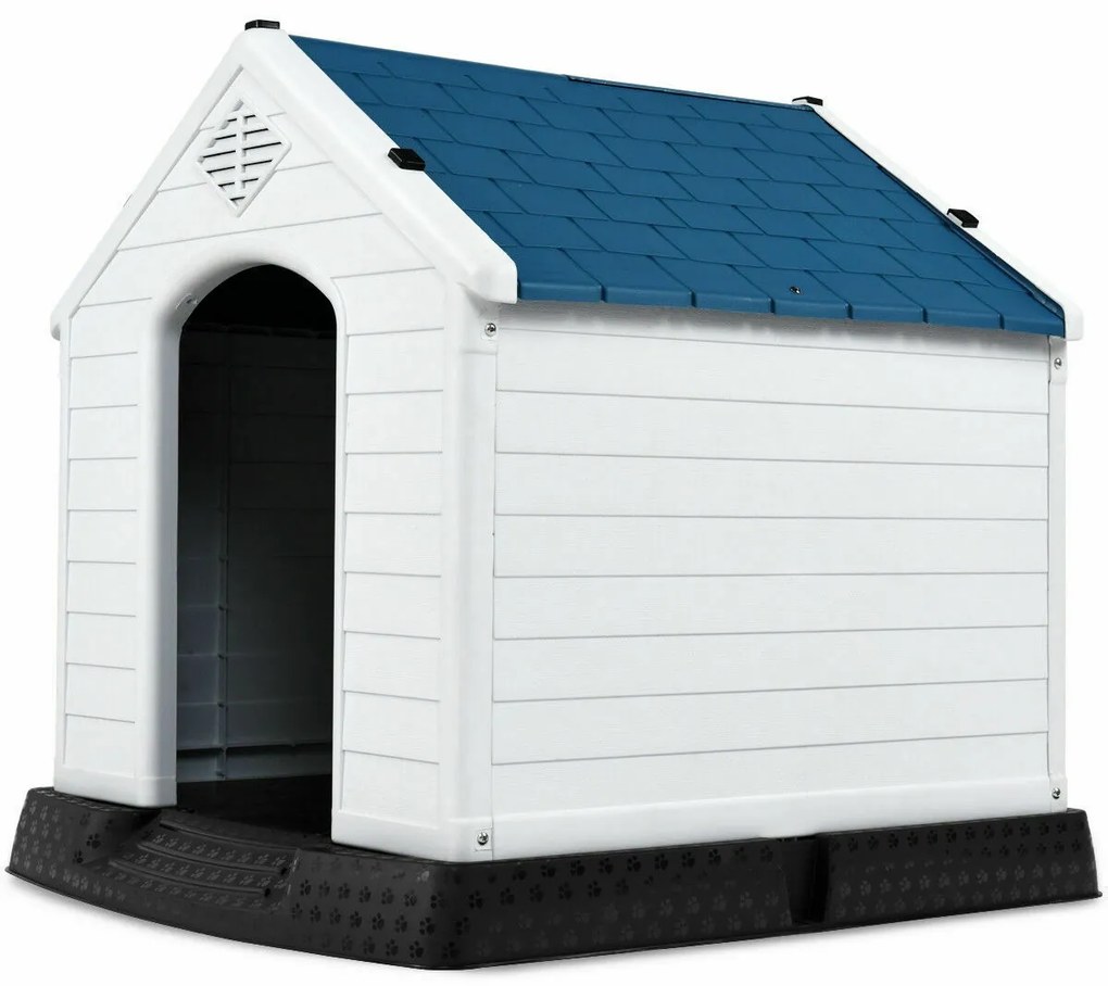 Canil, casinha para cachorro, caverna para cachorro com piso elevado, azul e branco