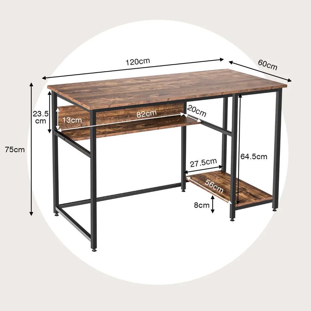 Secretária para computador com prateleira aberta e suporte para CPU Mesa de trabalho para PC com estrutura de metal para Casa Escritório 120 x 60 x 75 cm Castanho
