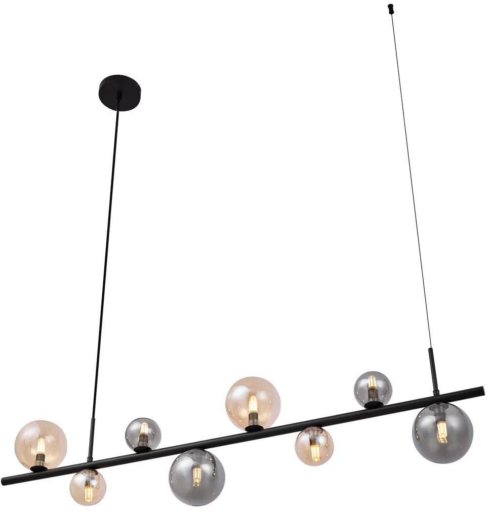 Candeeiro suspenso preto com vidro fumê e âmbar retangular 8-luzes - Monaco Moderno