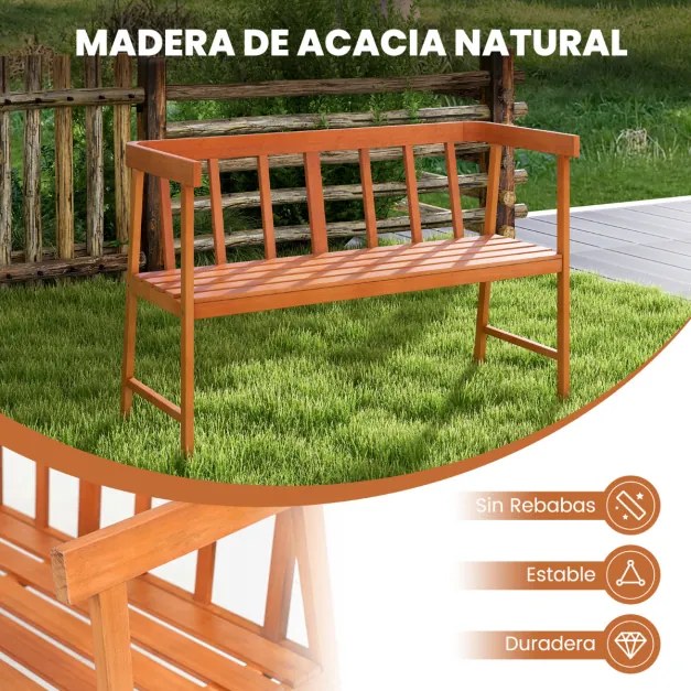 Banco de jardim em madeira de acácia para 2 pessoas com encosto e apoio de braço Assento de ripas para pátio de parque Carga 360 kg 110 x 46 x 72 cm