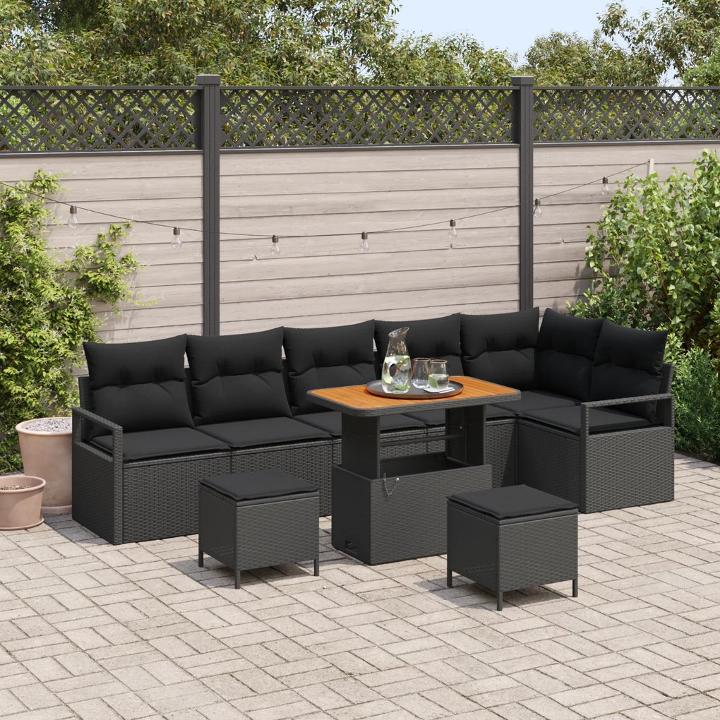 Conjunto de Sofás de Jardim de 9 Peças com Almofadas em Rattan Polido Preto