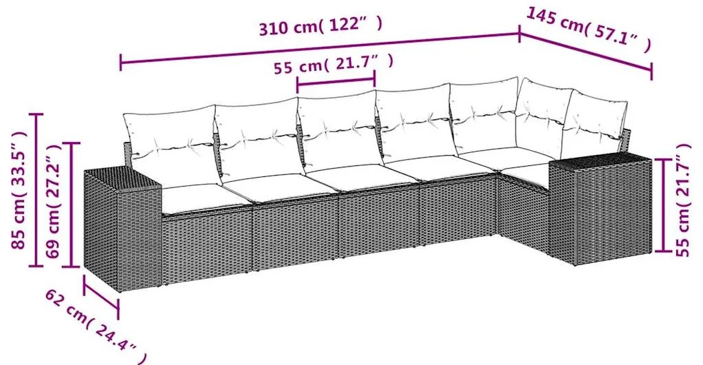 6 pcs conjunto de sofás p/ jardim com almofadões vime PE bege