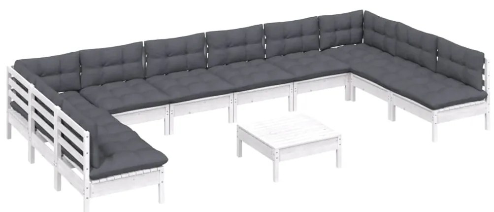 11 pcs conj. lounge de jardim c/ almofadões pinho maciço branco