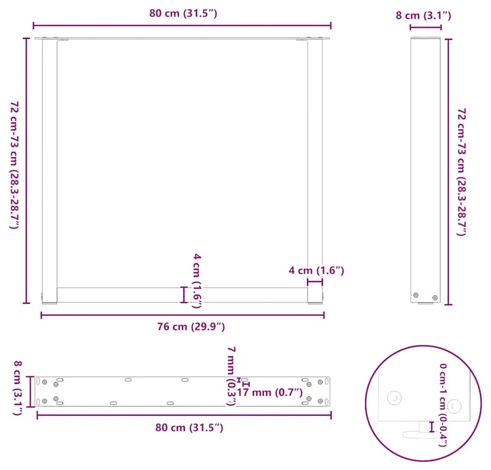 Pés para mesa de jantar em formato de U, 3 peças, aço natural, 80x(72-