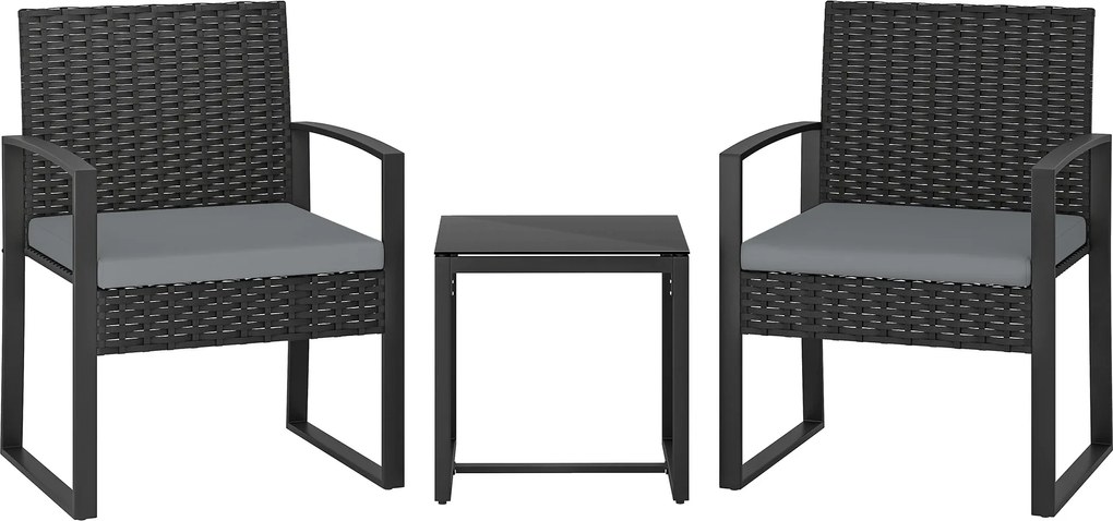 Outsunny Conjunto de Móveis de Exterior de 3 Peças em Vime PE com Cadeiras Mesa de Vidro Temperado e Almofadas Cinza Claro | Aosom Portugal