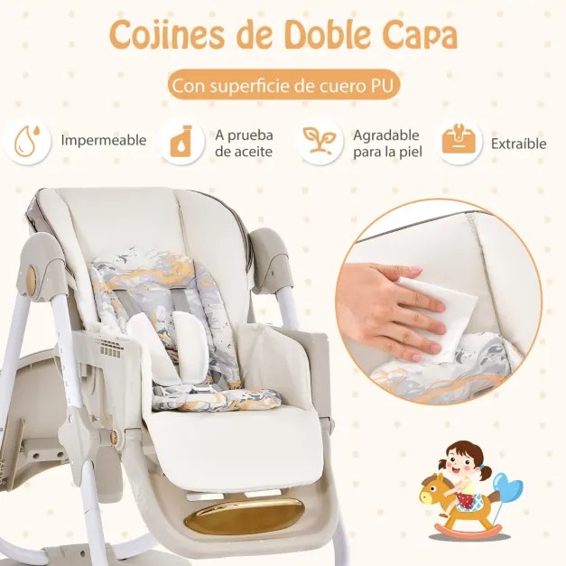 Cadeira alta dobrável para bebés com rodas Altura e reclinação Ajustável Apoio para os pés em 3 posições e tabuleiro duplo 96,5 x 55 x 99-109 cm Cinze