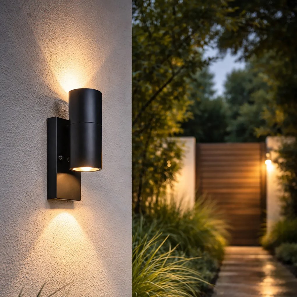 Candeeiro de parede exterior preto 2 luzes IP44 com sensor crepuscular - Duo