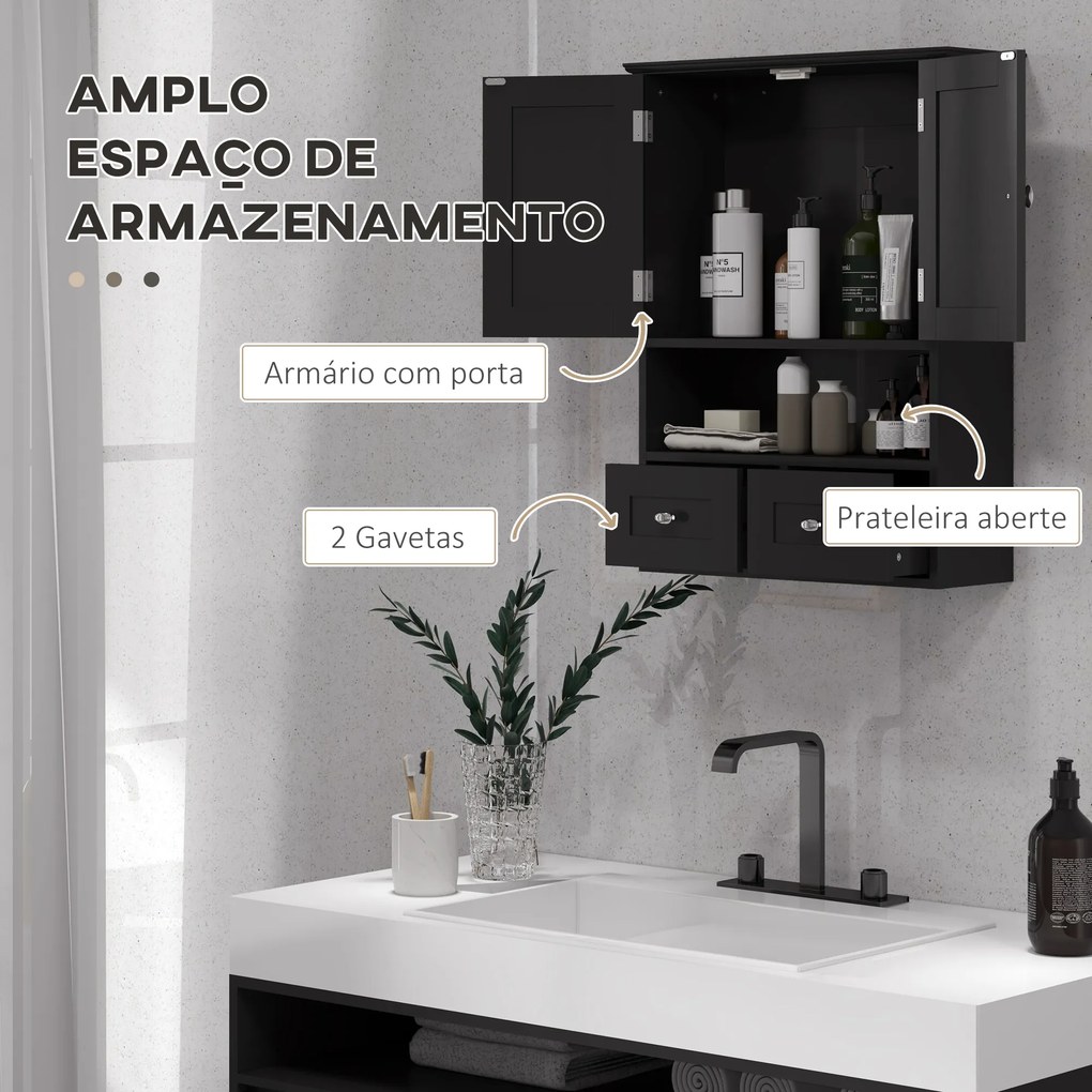 Armário de Parede para Casa de Banho com 2 Portas Prateleira Aberta e 2 Gavetas Estilo Moderno 50,8x17,8x66 cm Preto