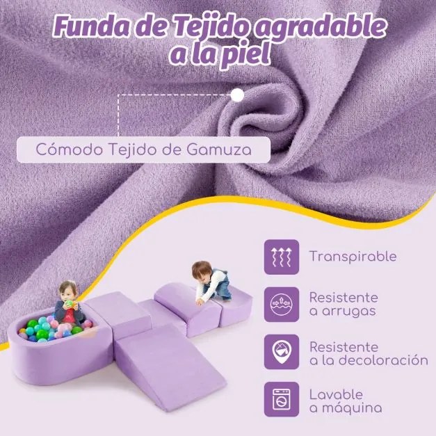 Conjunto de escalada e rampa de 5 peças para crianças Blocos de construção de esponja com piscina de bolas (NÃO INCLUIDAS) Capa lavável Criativo Púrpu