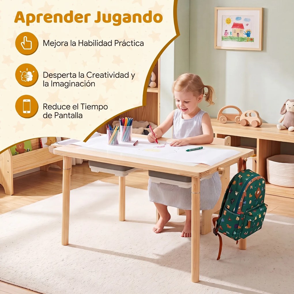 Conjunto de Mesa de Atividades Infantil com Cadeira, 86 x 55 x 51 cm, Multifuncional 6 em 1, Natural