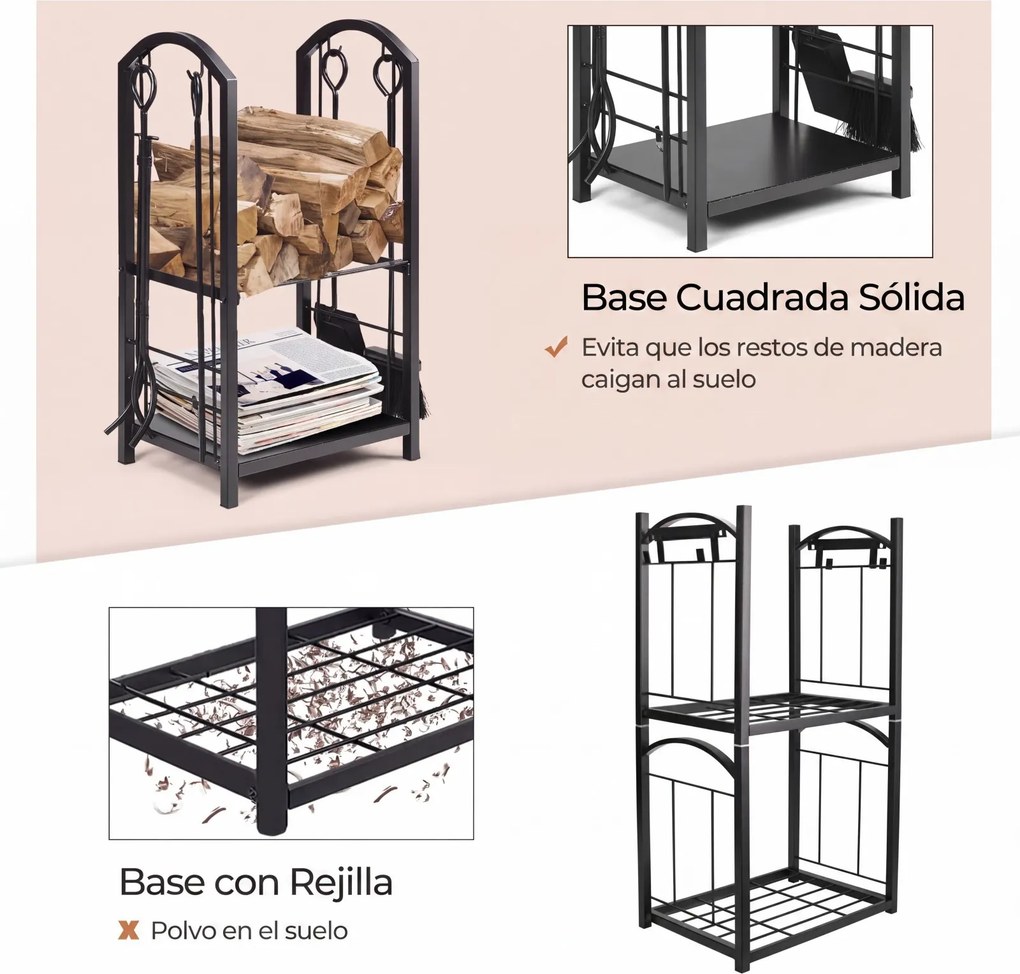 Conjunto de Suporte para Lenha e 4 Utensílios de Lareira, 44 x 30 x 74 cm, 2 Níveis de Armazenamento, Preto