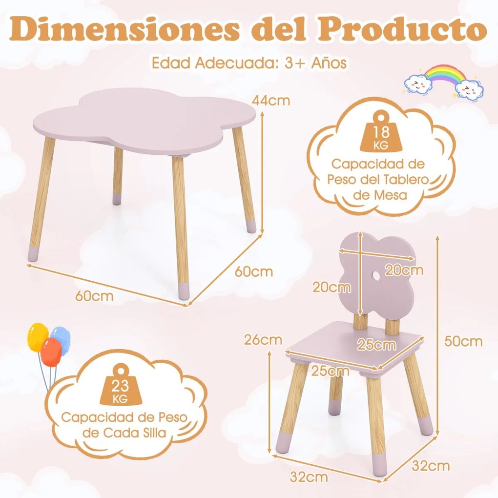 Conjunto de Mesa desenho Flor e Atividades em Madeira e 2 Cadeiras Crianças em Pinho Maciço para Crianças a partir dos 3 Anos, em Rosa e Natural