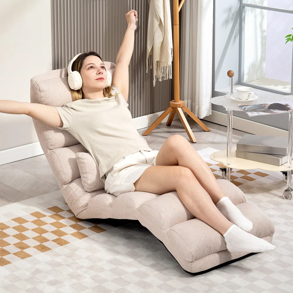 Poltrona individual conversível 58 x 119 x 78 cm com encosto e apoio para a cabeça ajustáveis em 5 posições, bege