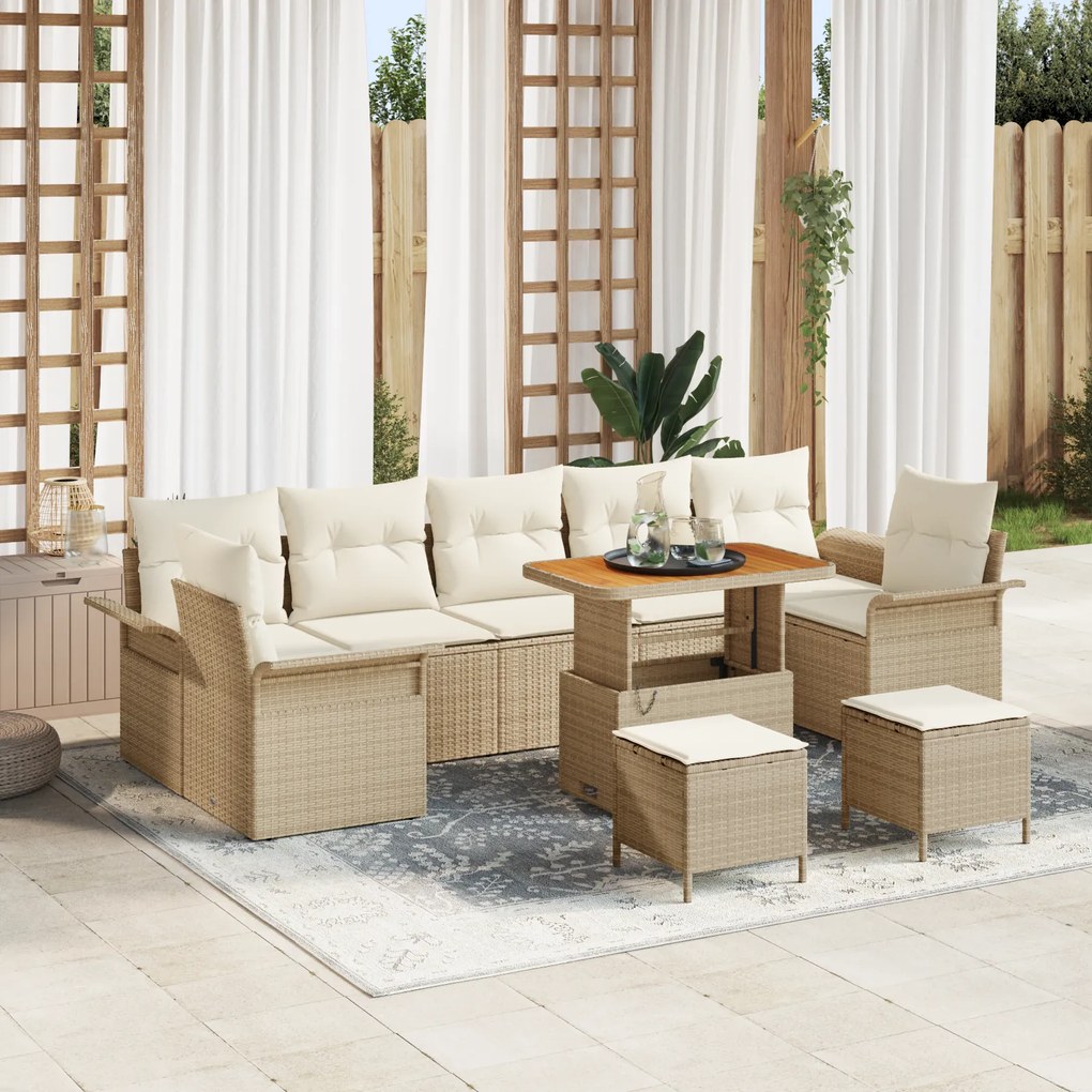 vidaXL Conjunto de Sofá de Jardim de 10 Peças com Almofadas Beiges Rattan Polímero Acácia
