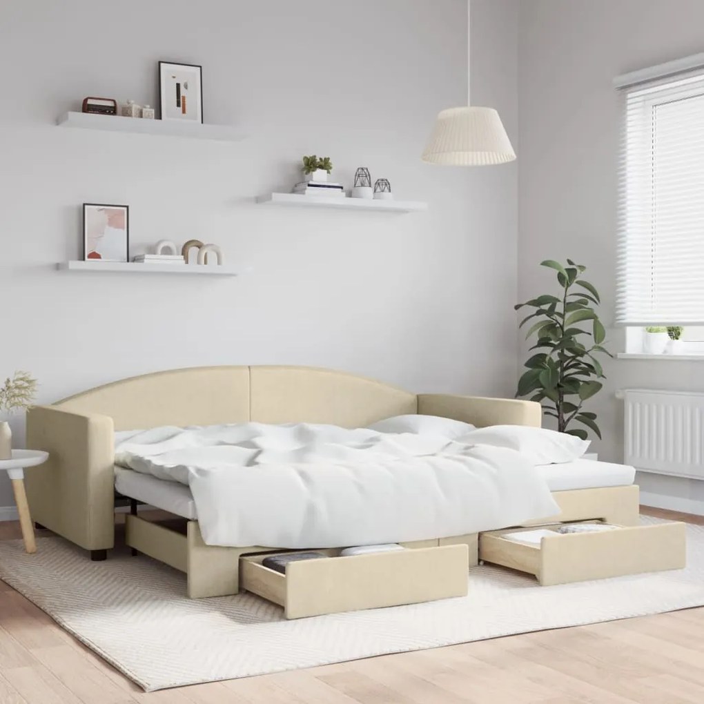 vidaXL Sofá-cama com gavetão e gavetas 90x200 cm tecido cor creme