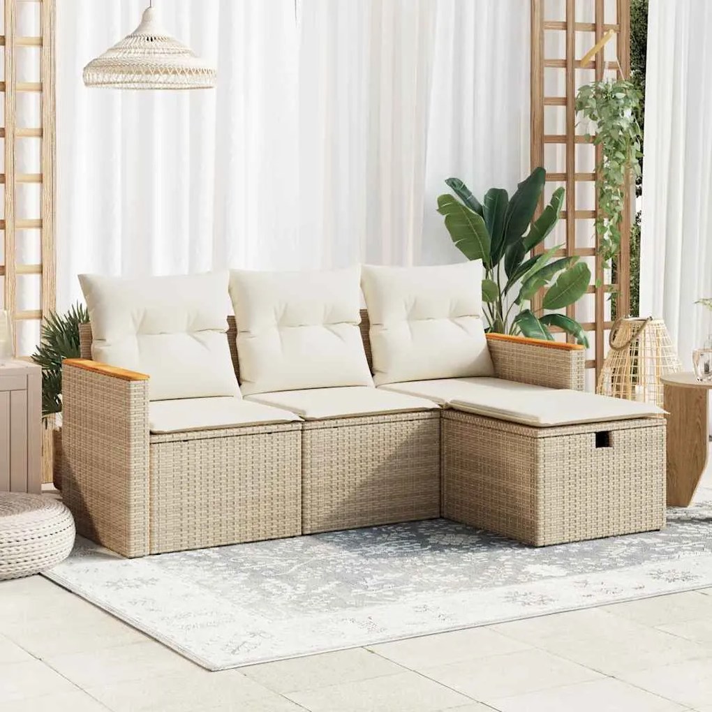 4 pcs conjunto de sofás para jardim c/ almofadões vime PE bege