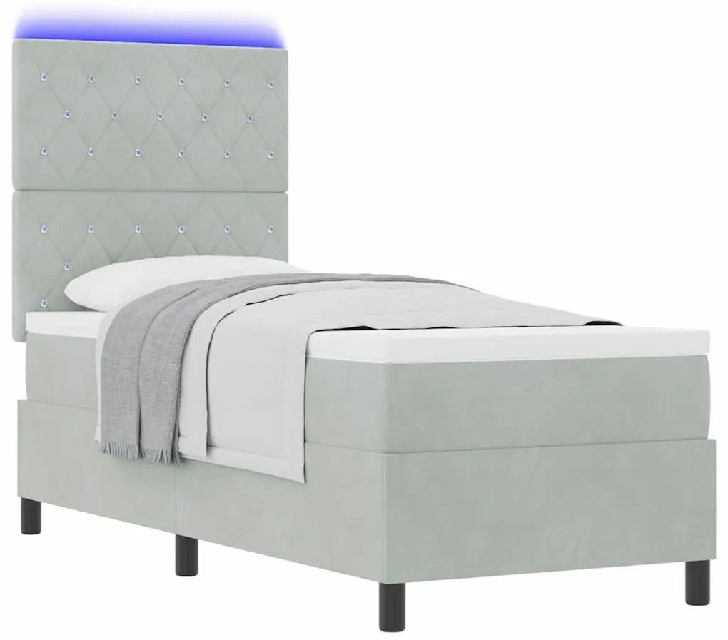 Cama Box com Colchão e Luz LED Cinza Claro 80x200 cm em Veludo