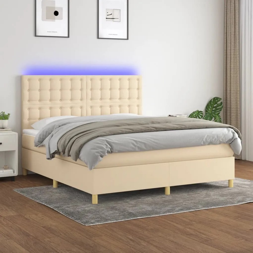 Cama box spring c/ colchão e LED 180x200 cm tecido cor creme