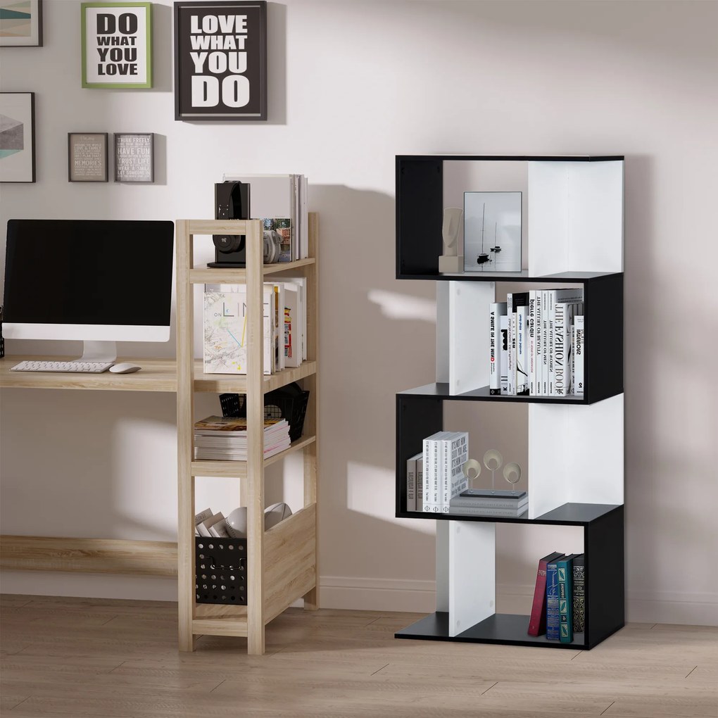 Estante de 5 níveis 60 x 24 x 148 cm, móvel de arrumação em forma de S com prateleiras, estante para sala de estar, quarto e escritório, preto, branco