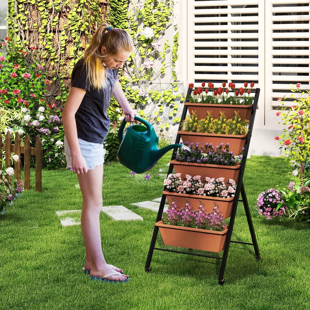Floreira Escada 57 x 74 x 132 cm de 5 níveis com suporte metálico para vasos de jardim escalonado com rodas bloqueáveis e fileiras de orifícios de dre