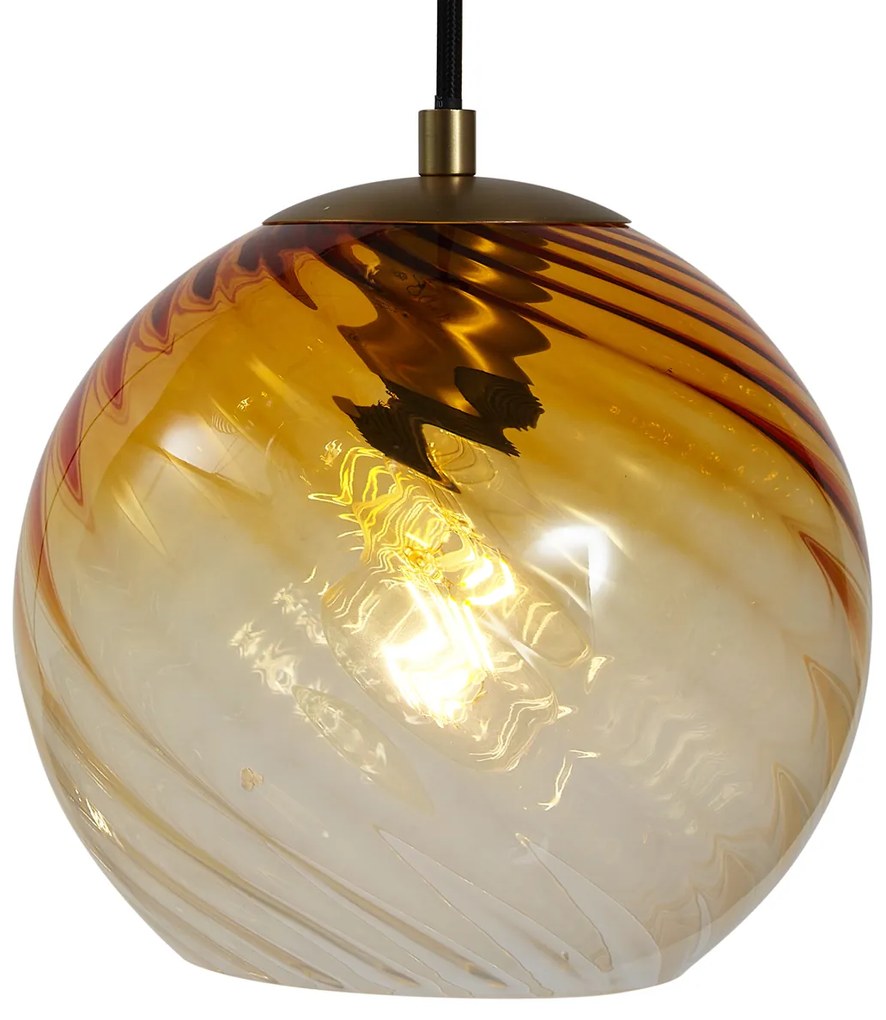 Candeeiro suspenso bronze com vidro fumado âmbar e verde redondo 4 luzes - Bao Art Deco